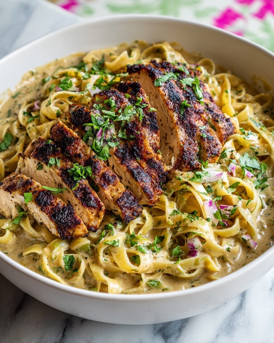 A white bowl filled with creamy fettuccine pasta mixed with green herbs in a thick, light beige sauce that coats each noodle. On top, there are five thick slices of grilled chicken breast with a dark brown char and crispy texture, sprinkled with fresh green herbs. The bowl sits on a white marbled surface with a blurred green and pink floral background. photo taken with an iphone --ar 4:5 --v 7