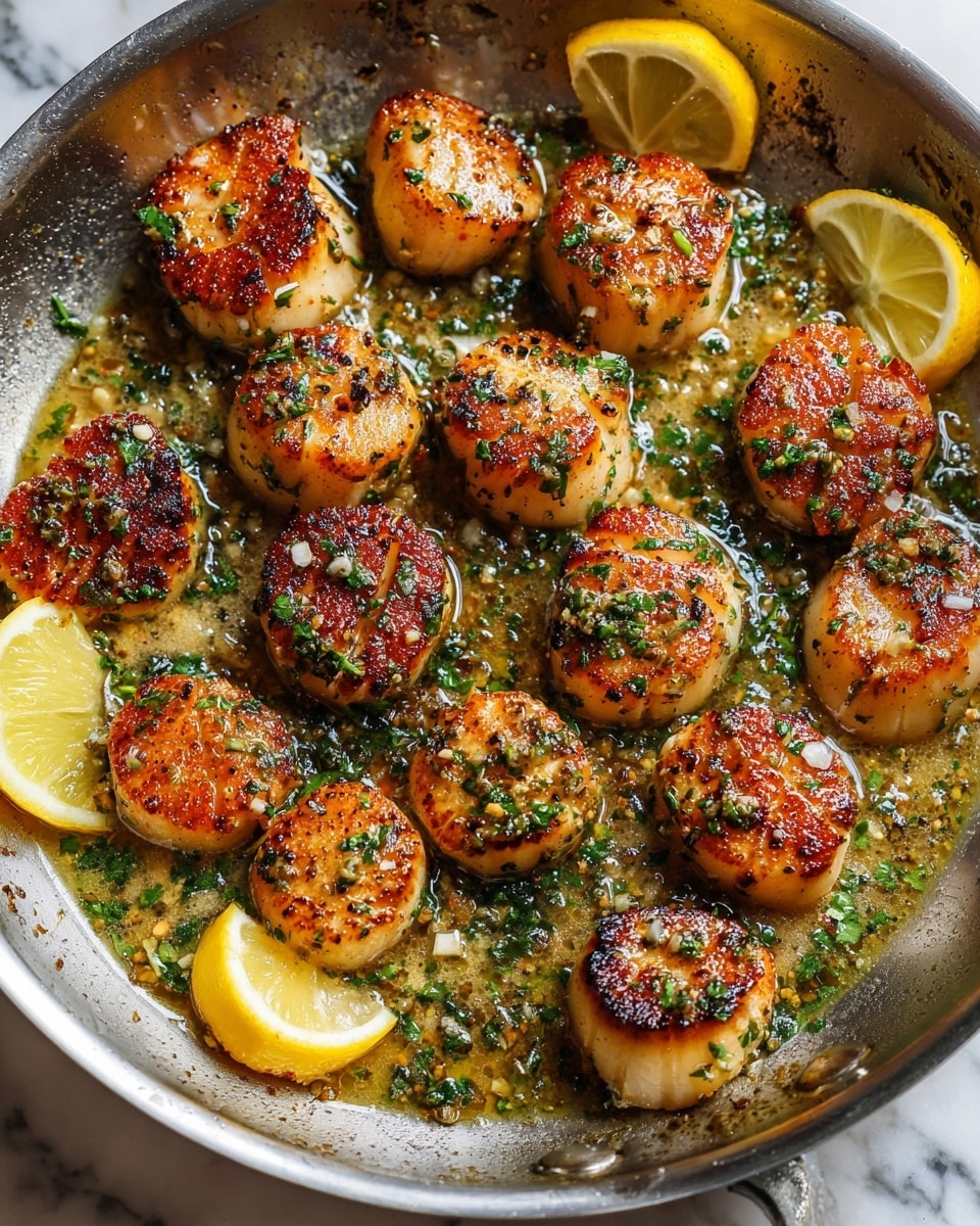 The image shows a pan full of golden brown seared scallops, arranged closely together in a single layer. Each scallop has a browned crust with a tender white inside, sprinkled with bits of chopped green herbs and black pepper. The pan has a shiny, light brown butter sauce with small herbs floating in it, adding a glossy texture around the scallops. There are three peeled lemon wedges placed among the scallops, adding a contrast of bright yellow and pale lemon flesh. The background is a white marbled texture. Photo taken with an iphone --ar 4:5 --v 7