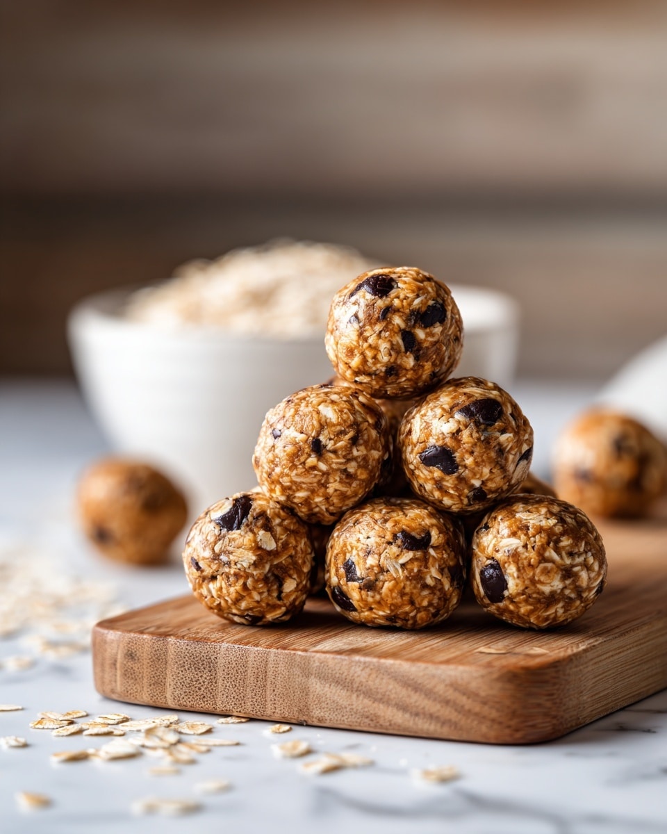 The image shows a close-up of a pile of round snack balls stacked neatly on a white marbled surface. Each ball has a light beige color with many small chocolate chips and tiny white oats visible on the surface, giving them a textured and slightly rough look. The balls appear dense and have small sesame seeds scattered on and around them, adding more visual texture. In the background, there is a small white bowl filled with a thick beige paste that matches the color of the balls, slightly out of focus. photo taken with an iphone --ar 4:5 --v 7