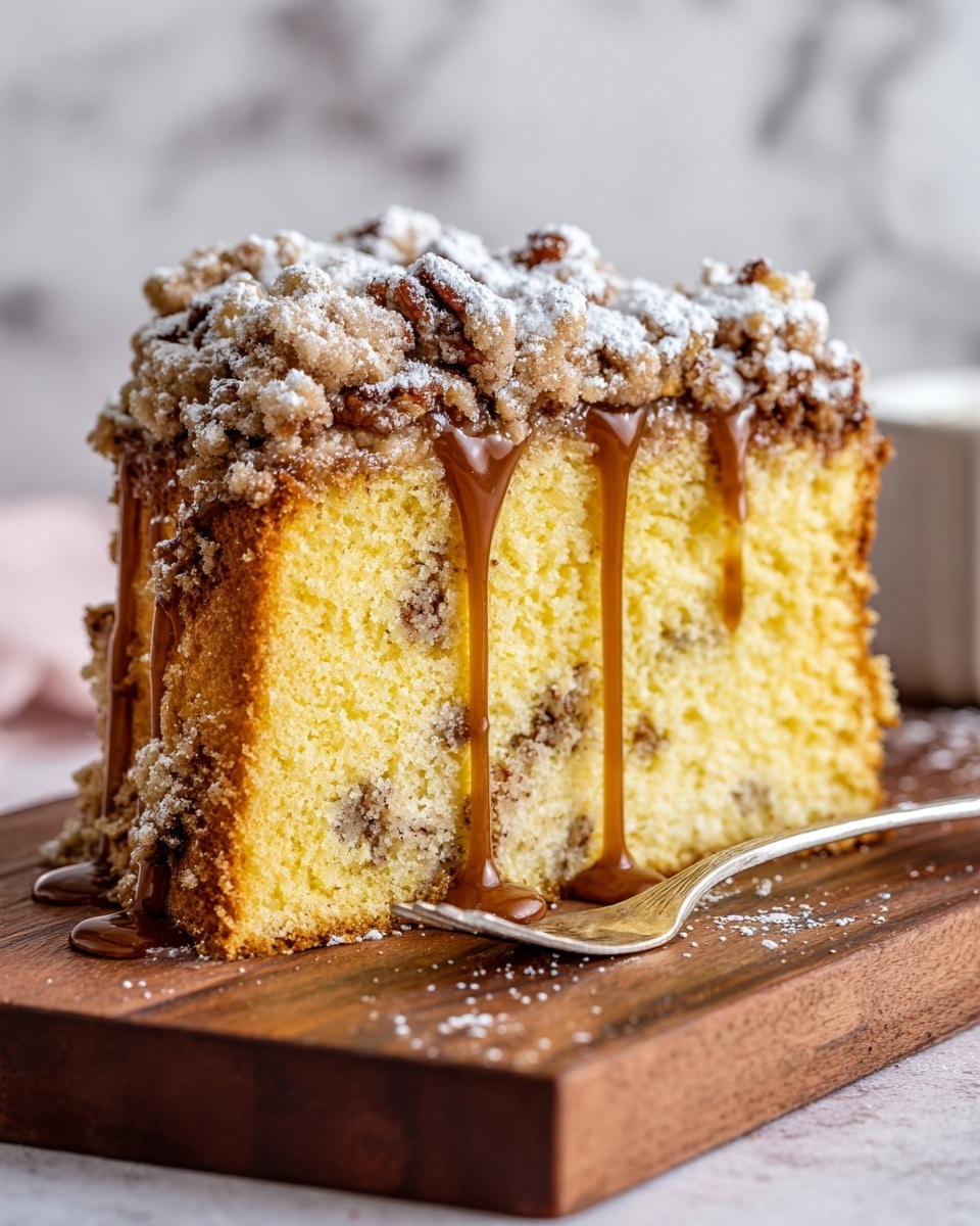 The image shows a slice of cake with three layers on a wooden board. The bottom layer is yellow with a soft texture, dotted with small dark spots inside. The middle layer is a thick topping of light brown crumbly streusel. The top layer has whole pecans and powdered sugar sprinkled on them, with a drizzle of sticky caramel sauce flowing down the sides. There is a silver spoon placed in front of the cake. The background is a white marbled surface. Photo taken with an iphone --ar 4:5 --v 7