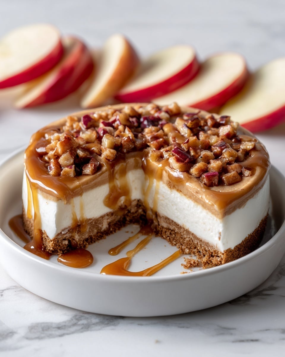 This image shows a close-up of a round dessert in a white bowl. The bottom layer is light gray with a speckled texture, topped with a thick, smooth cream-colored layer. On top of the cream layer is a drizzle of light brown caramel sauce, scattered with small chunks of dark brown bits. In the background, thin slices of red apple are placed against the white marbled surface. photo taken with an iphone --ar 4:5 --v 7