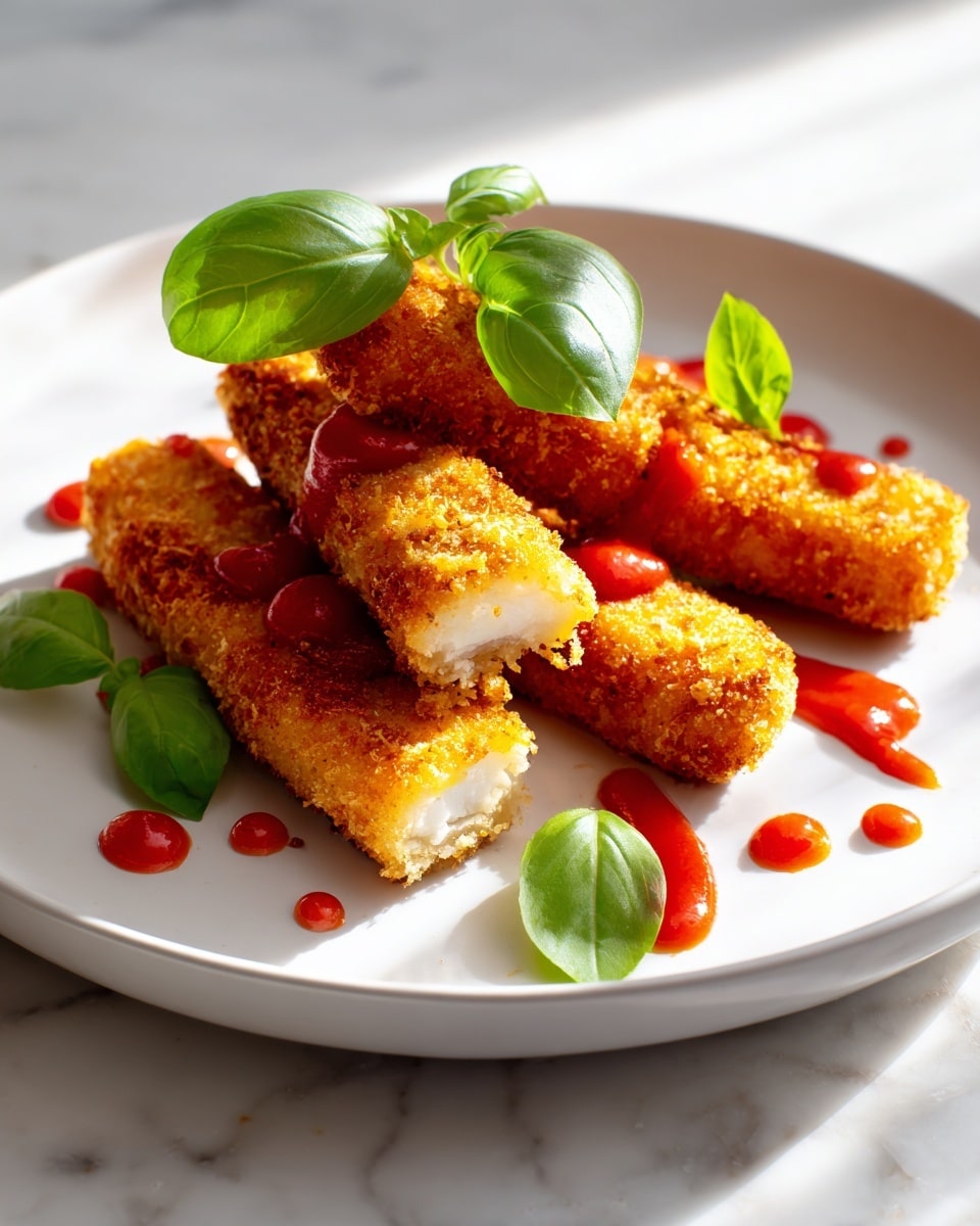 The dish shows five golden-brown breaded sticks arranged on a white plate, one of which is broken to expose the soft white cheese inside. There are dollops of red tomato sauce under and on top of one cheese stick, garnished with fresh green basil leaves. The texture of the breaded sticks is crunchy with a slightly grainy surface, and small drops of sauce are scattered around the plate. The background has a white marbled texture with blurred red tomatoes and a glass of dark drink in the back, with warm natural light coming from the window. Photo taken with an iphone --ar 4:5 --v 7