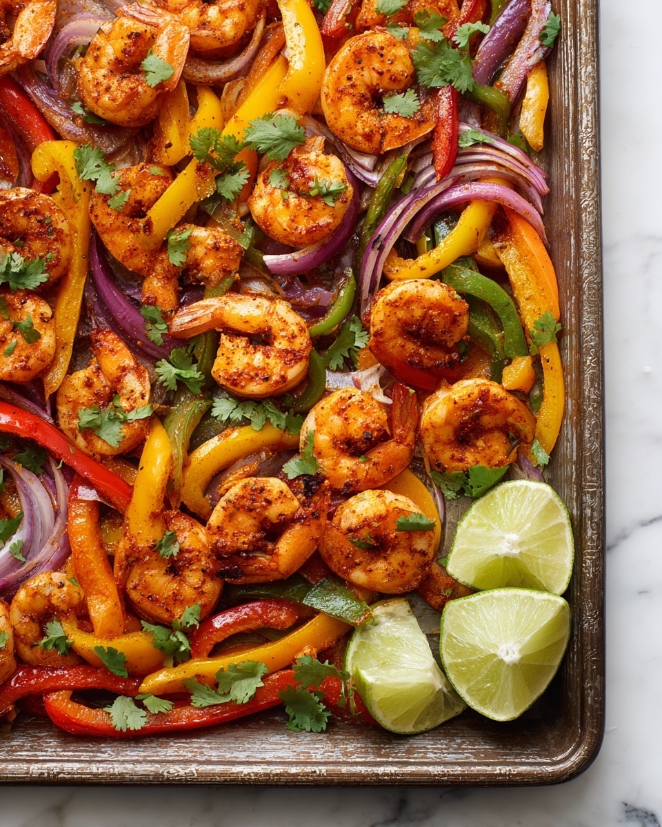 The image shows a baking tray filled with a colorful mix of cooked shrimp and sliced vegetables. There are about fifteen medium-sized, orange-pink shrimp evenly scattered on top, each curled with a slightly charred exterior. Beneath the shrimp, there are thin slices of green, red, and yellow bell peppers alongside purple onion strips, creating a vivid layer with a slightly soft texture. Small sprigs of fresh green cilantro are sprinkled across the dish, adding a fresh touch. In the bottom right corner of the tray, there are two lime wedges with a bright green rind and pale green flesh. The tray is placed on a white marbled textured surface. Photo taken with an iphone --ar 4:5 --v 7