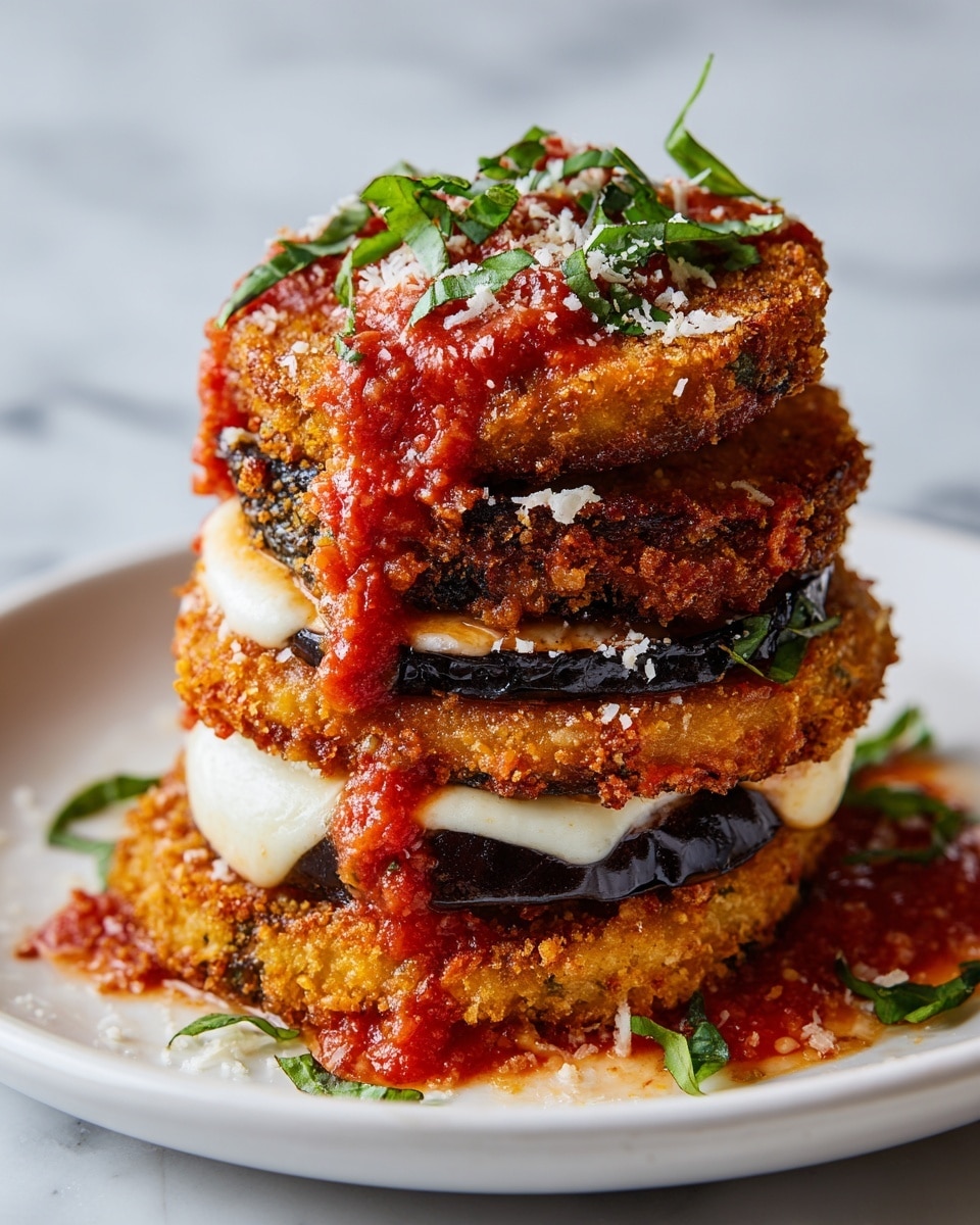 A tall stack of four fried, golden brown, crispy eggplant slices, each layered with melted white cheese and bright red tomato sauce dripping slightly down the sides. The top layer is garnished with finely chopped fresh green basil leaves and a light dusting of grated white cheese. The stack sits on a white plate, placed on a white marbled surface, with scattered pieces of green basil around it, enhancing the fresh look. The textures show crispy breading on the eggplant and soft, gooey cheese blending with the rich tomato sauce. photo taken with an iphone --ar 4:5 --v 7