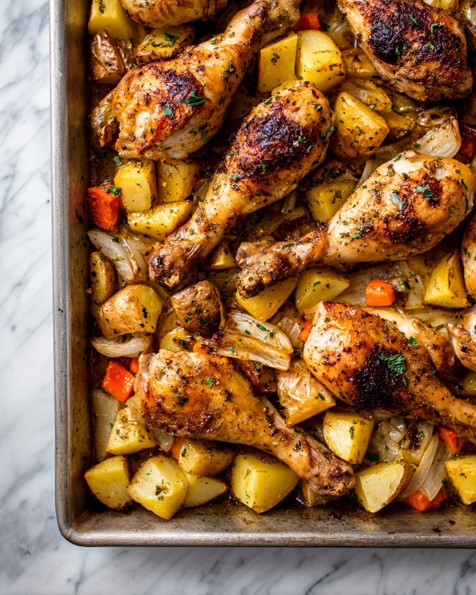 A metal roasting pan filled with golden-brown cooked chicken drumsticks placed on top of a thick layer of roasted potato wedges, which have a crispy, dark brown outside and a soft, yellow inside. The chicken pieces are seasoned with visible herbs and spices, giving a slightly shiny and textured surface. Pieces of roasted onion are scattered among the chicken and potatoes with some caramelized edges. The pan is on a wooden table, but the background has been changed to a white marbled texture. The food looks juicy and well-cooked with a rustic and hearty appearance. photo taken with an iphone --ar 4:5 --v 7
