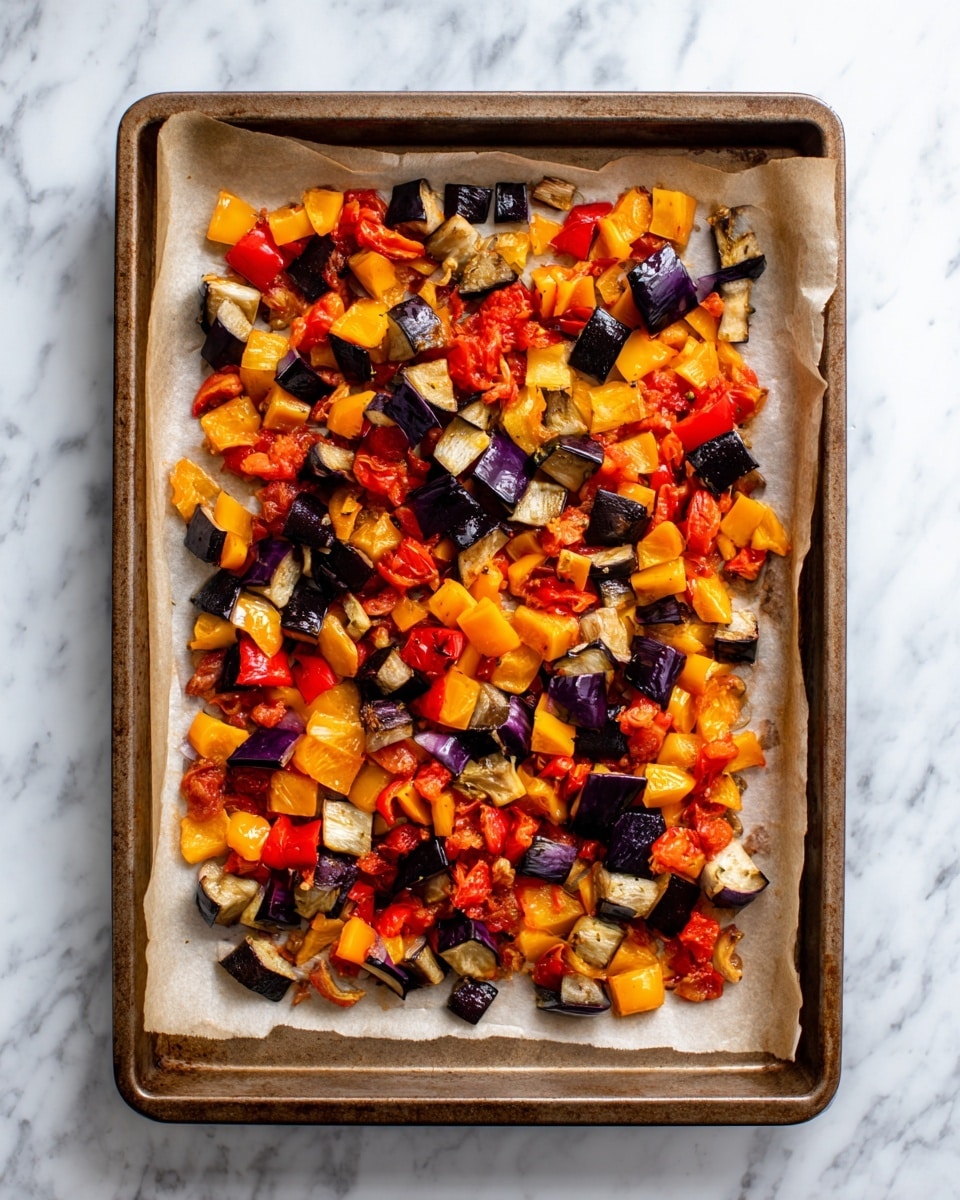 The image shows a close-up of a baked ratatouille dish in a white baking tray lined with parchment paper. The dish has one visible layer made up of small, roughly chopped pieces of roasted vegetables, including red and yellow bell peppers, cherry tomatoes, eggplant, and onions. The vegetables have a mix of bright reds, yellows, and purples, with some parts showing a slight char and caramelization, giving a textured and slightly glossy look. The tray sits on a white marbled surface that contrasts with the warm, roasted colors of the vegetables. photo taken with an iphone --ar 4:5 --v 7