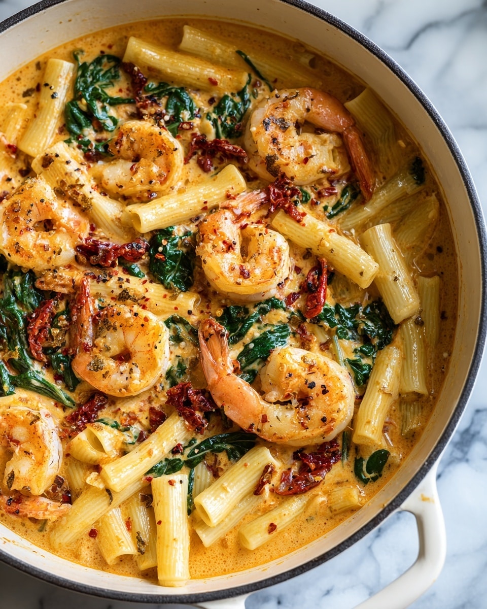 The dish shows a close-up view of creamy shrimp pasta in a white pan with red edges, placed on a white marbled surface. The dish has three main layers: the base layer is penne pasta, pale yellow and firm, scattered throughout. The middle layer consists of plump, orange-pink cooked shrimp placed evenly around the pan. The top layer is a smooth, rich orange creamy sauce mixed with bits of green spinach and small pieces of red sun-dried tomatoes, giving a slightly glossy look. Some crushed red pepper flakes are sprinkled on top, adding texture and a hint of red color contrast. The sauce lightly coats the pasta and shrimp, creating a luscious and inviting appearance. Photo taken with an iphone --ar 4:5 --v 7