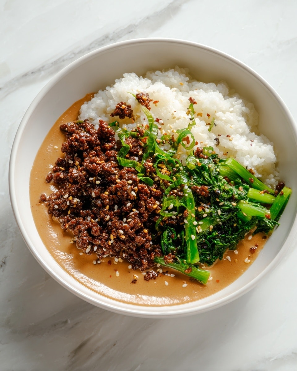 A white bowl filled with a base layer of light brown, creamy sauce spread evenly around the edges, topped with a layer of fluffy white rice in the center. On top of the rice, there is a layer of cooked ground meat that is brown and slightly crispy, mixed with a few pieces of bright green cooked vegetables, likely scallions. The dish is sprinkled with small, light brown sesame seeds scattered over the meat and rice. The bowl is placed on a white marbled surface. Photo taken with an iphone --ar 4:5 --v 7