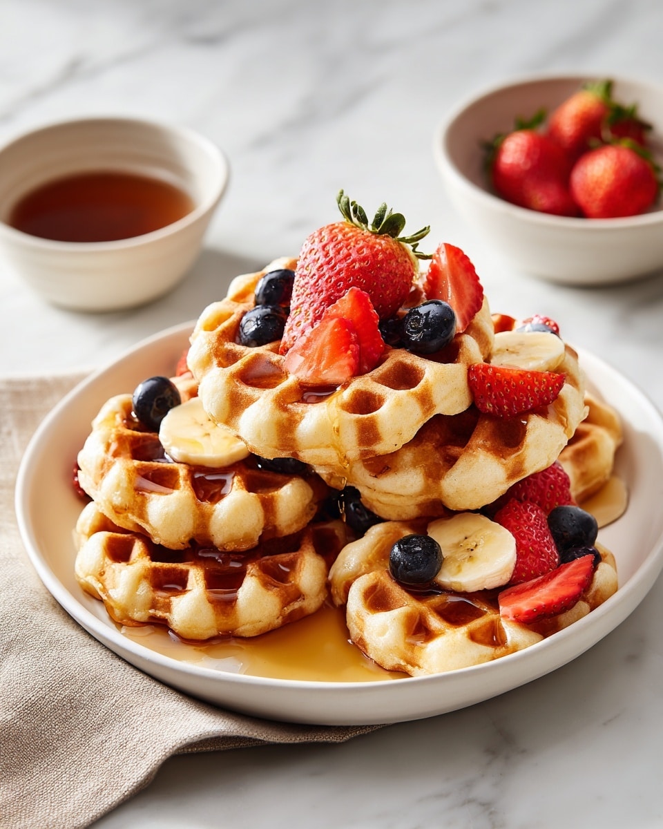 A white plate holds a stack of small golden-brown waffles, arranged in two overlapping layers with some waffles flat on the plate and others slightly tilted on top. Each waffle has a grid texture and is topped with fresh fruit: halved red strawberries, whole dark blue blueberries, and a couple of banana slices in the center. Light syrup drizzles over the waffles, pooling slightly on the plate and adding a shiny, sticky glaze. In the background, parts of a white bowl with more strawberries and a white cup with syrup are visible on a white marbled surface. photo taken with an iphone --ar 4:5 --v 7