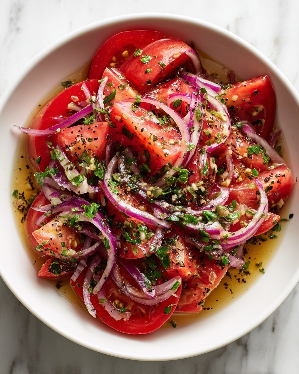 A white bowl filled with a fresh tomato salad, showing several thick wedges of bright red tomatoes as the main layer. Scattered among the tomatoes are thin slices of purple-red onions adding contrast. The salad is coated with a shiny layer of olive oil mixed with green herbs and black pepper, visible as small green flecks and black specks over the vegetables. The bowl rests on a white marbled surface. photo taken with an iphone --ar 4:5 --v 7