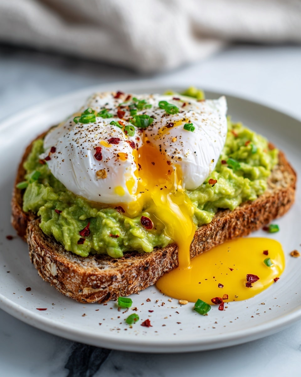A slice of toasted whole grain bread with visible seeds forms the base, topped with a thick, chunky layer of bright green avocado mash. On top of the avocado mash sits a smooth, white poached egg that has been cut open, letting golden yellow yolk drip down the sides and onto the toast. The egg is sprinkled with black pepper, red chili flakes, and small pieces of green chives, adding specks of color and texture. The toast rests on a round white plate placed on a white marbled surface. Photo taken with an iphone --ar 4:5 --v 7