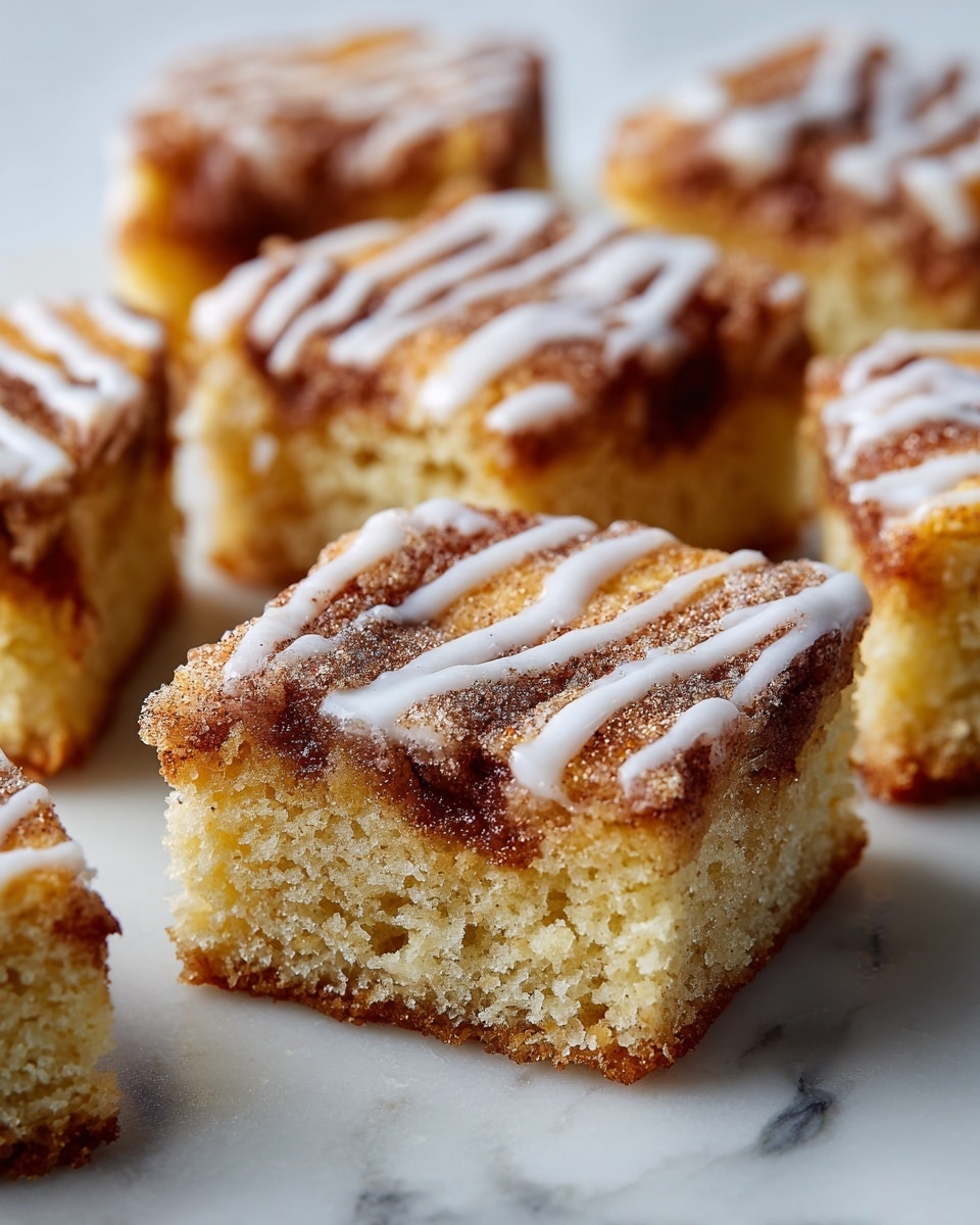 A close-up of several square pieces of a cinnamon cake with three visible layers: the bottom layer is light brown and looks soft and moist, the middle layer is a darker brown with a cinnamon swirl texture, and the top layer is golden brown with a slightly crispy surface. Each piece is drizzled with thin white icing lines randomly across the top. The cake squares are placed on a white marbled surface, with one square slightly separated from the rest to show the layers clearly. photo taken with an iphone --ar 4:5 --v 7