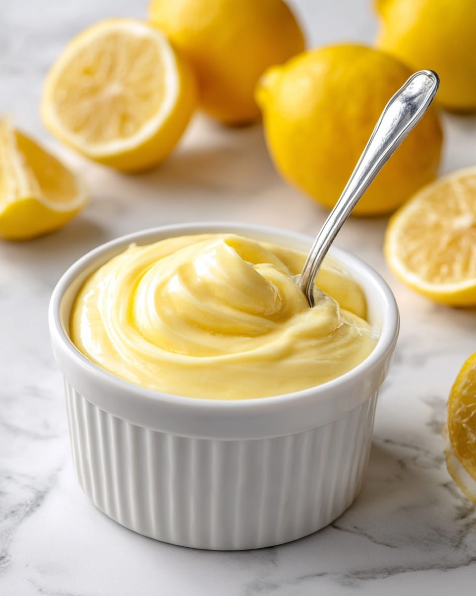 A small white ramekin filled with smooth, creamy lemon curd that has a glossy, pale yellow surface with soft swirls on top. A silver spoon is dipped into the curd on the right side, showing a bit of the creamy texture. In the background are whole bright yellow lemons and one cut in half, placed on a white marbled surface. The focus is clear on the lemon curd with a soft blur on the lemons behind. photo taken with an iphone --ar 4:5 --v 7