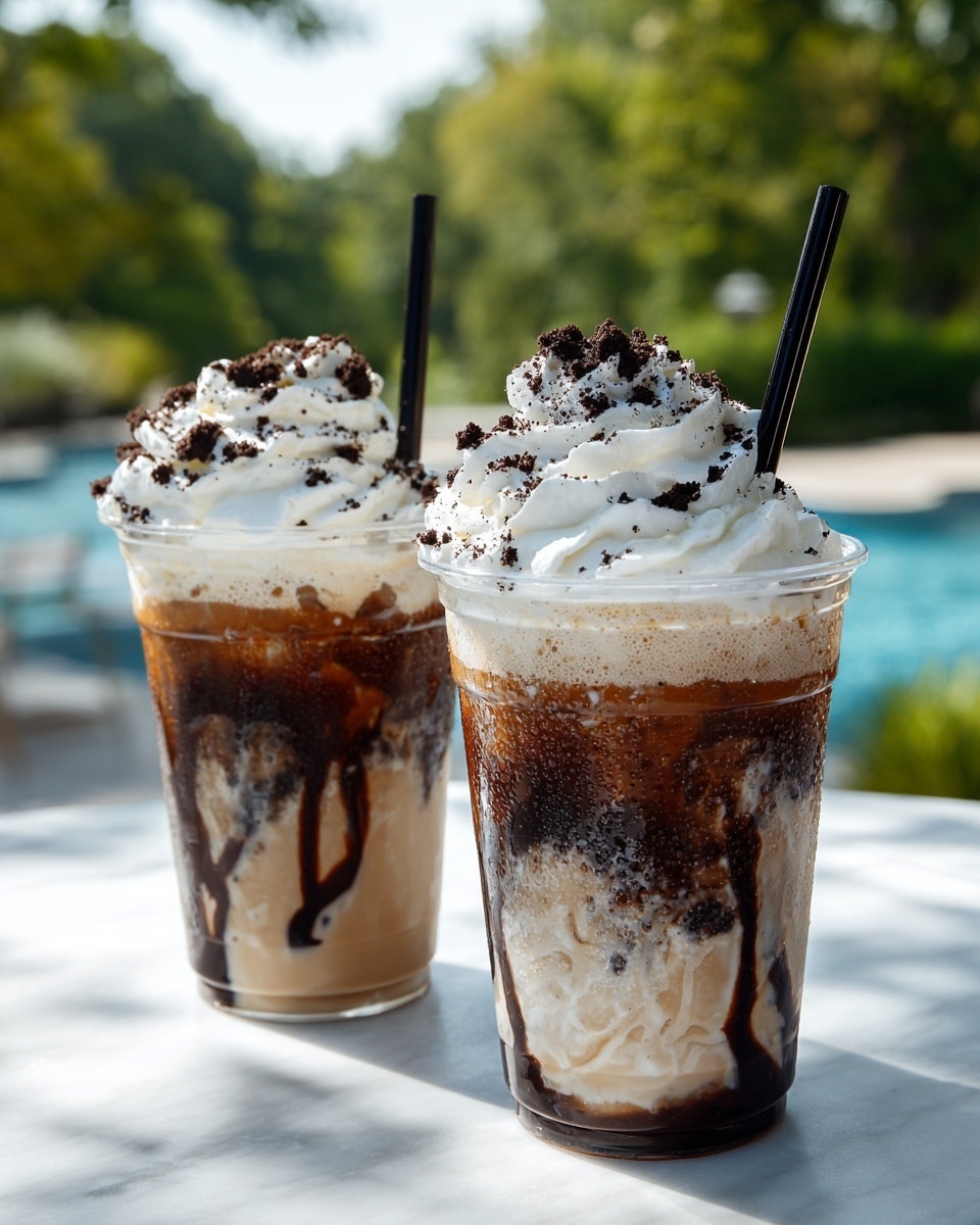 Two cold coffee drinks in clear plastic cups are shown side by side on a white marbled table. Each drink has several layers starting with a light brown coffee base at the bottom. Above this, there are swirls of white cream and dark chocolate syrup running down the inside of the cups in uneven drips. A thick layer of whipped cream tops each drink, with small dark chocolate cookie pieces sprinkled over the whipped cream. Each cup has a clear plastic lid with a black straw coming out from the middle. The background is blurred with palm trees and blue sky visible. Photo taken with an iphone --ar 4:5 --v 7