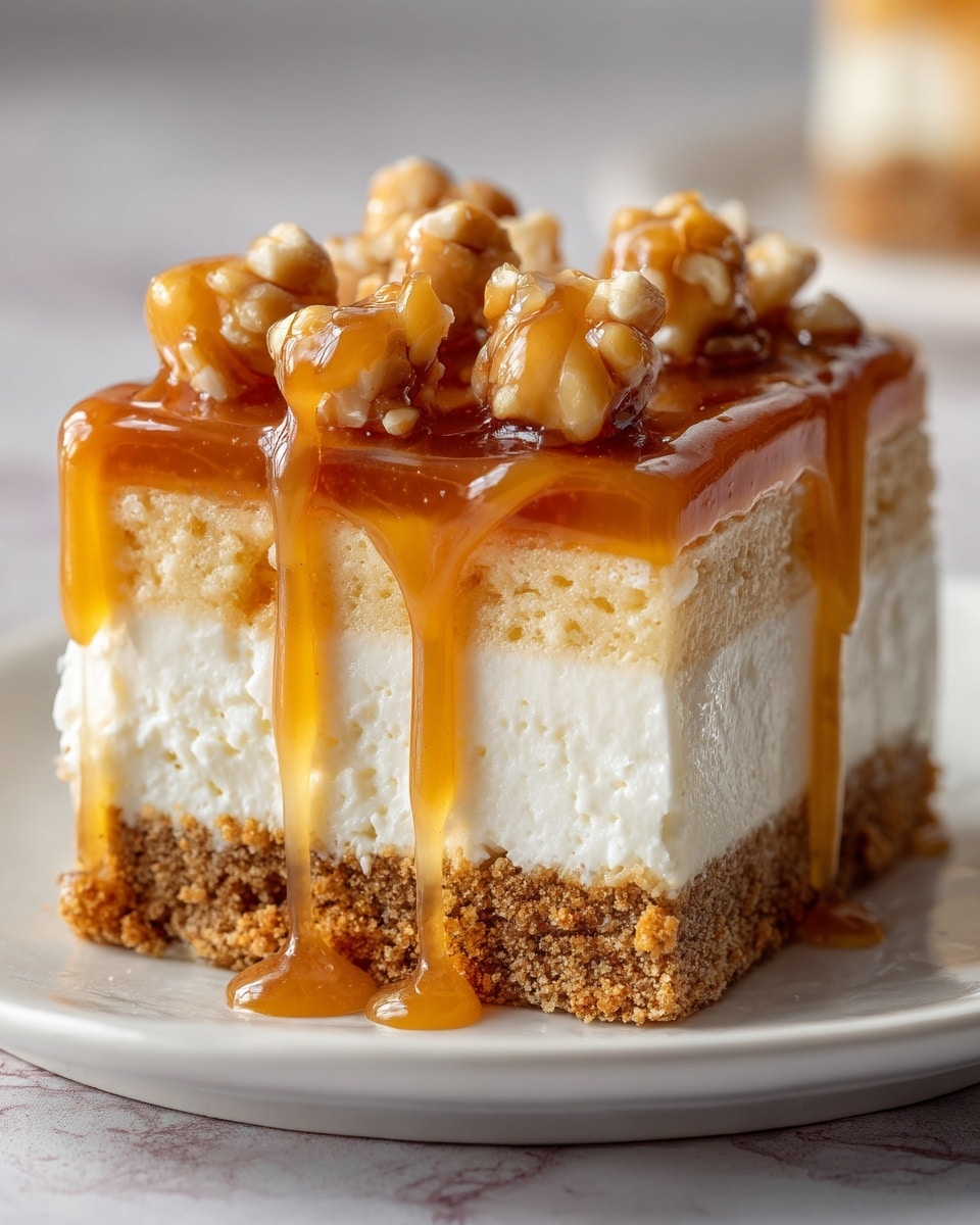A close-up view of a square slice of layered dessert on a white plate, resting on a white marbled surface. The bottom layer is a crumbly, light brown crust. Above this is a thin, smooth medium brown layer, followed by a thick, creamy off-white layer. The top layer is a shiny, rich caramel sauce that drips down the edges. On top of the caramel are glossy, light yellow chunks of caramel-coated nuts, adding texture and shine. The lighting emphasizes the glossy caramel and the smooth textures of the layers. photo taken with an iphone --ar 4:5 --v 7