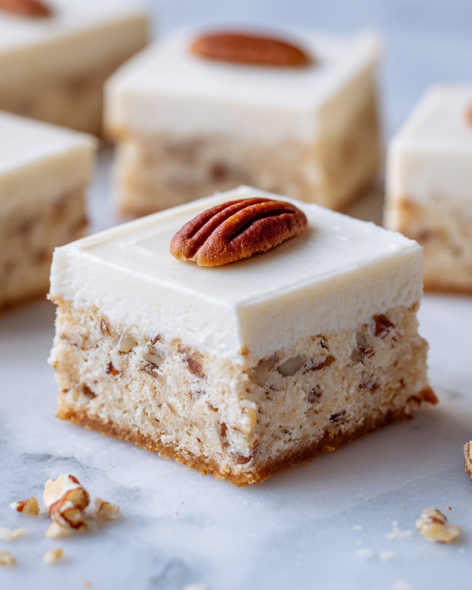 A close-up of a square piece of dessert with two layers placed on a white marbled surface. The bottom layer is light brown with visible chunks of nuts scattered inside, giving it a rough texture. The top layer is smooth and creamy white, slightly thicker than the bottom layer. On top of this creamy layer, a single whole pecan is placed in the center, adding a rich brown color accent. The edges of the dessert are clean and sharp, showing it was cut precisely. Other similar pieces can be seen slightly blurred in the background. photo taken with an iphone --ar 4:5 --v 7