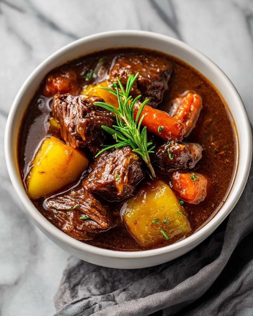 A close-up of a white bowl filled with beef stew placed on a white marbled surface. The stew has large chunks of tender beef, bright orange carrot pieces, and light yellow potato cubes, all covered in rich, dark brown broth. A small sprig of green rosemary rests on top, adding a touch of freshness. The texture of the beef looks soft and juicy, while the carrots and potatoes appear firm and cooked through. photo taken with an iphone --ar 4:5 --v 7