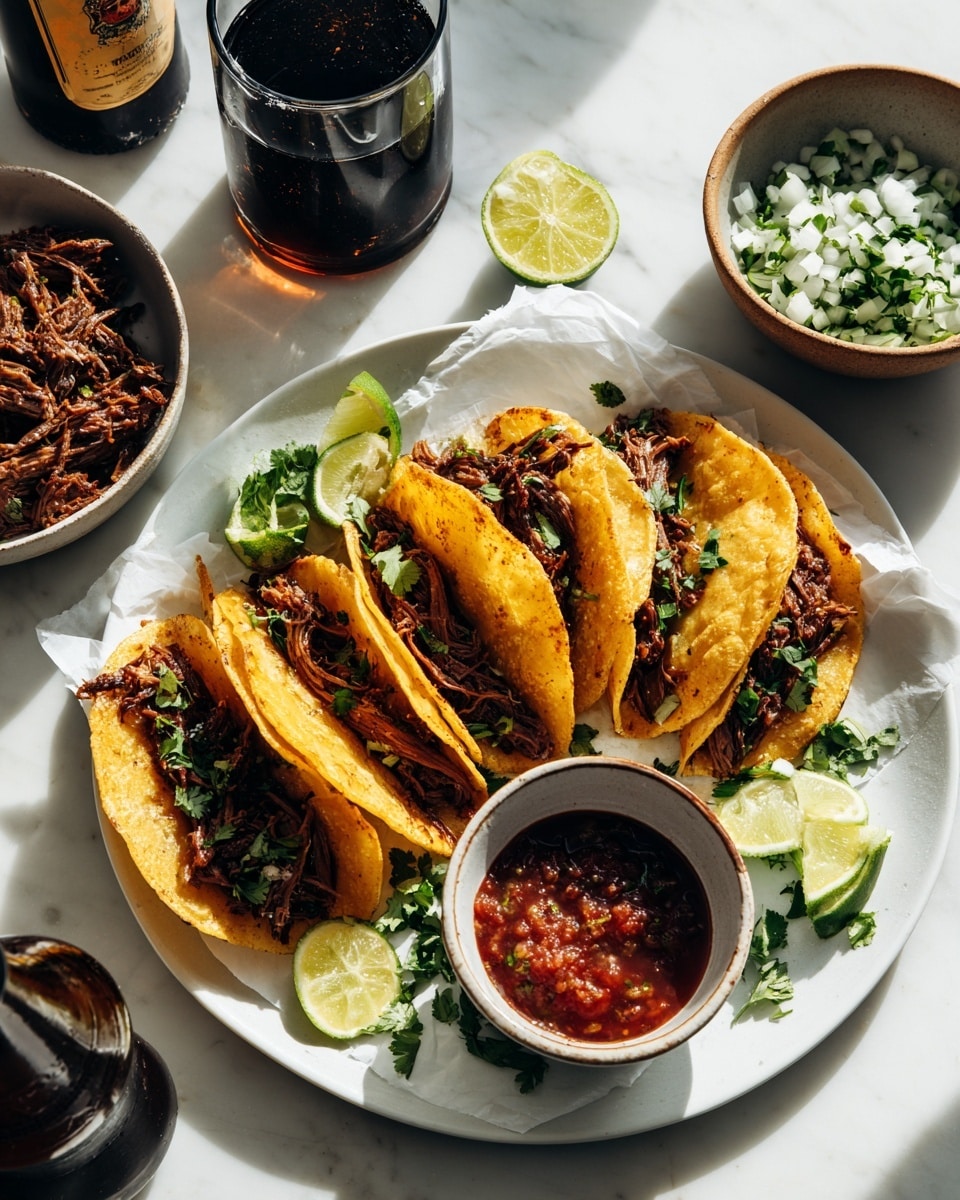 The image shows a white plate lined with crumpled white paper holding about six golden brown, crispy tacos filled with dark, shredded meat. The tacos have a slightly oily, crunchy texture with charred edges, arranged in a semi-circle around a small white bowl filled with a fresh-looking salsa made of finely chopped red onion, green herbs, and possibly some diced vegetables in a dark sauce. Lime wedges and green cilantro leaves are scattered on the plate for garnish. Around the plate, there is a smaller white plate with two more similarly crispy tacos and another bowl with finely chopped white onions and green herbs topped with a whole mushroom. A partially visible brown bowl contains shredded meat similar to the filling. The overall setting is on a white marbled textured surface with bright, natural light casting shadows. photo taken with an iphone --ar 4:5 --v 7