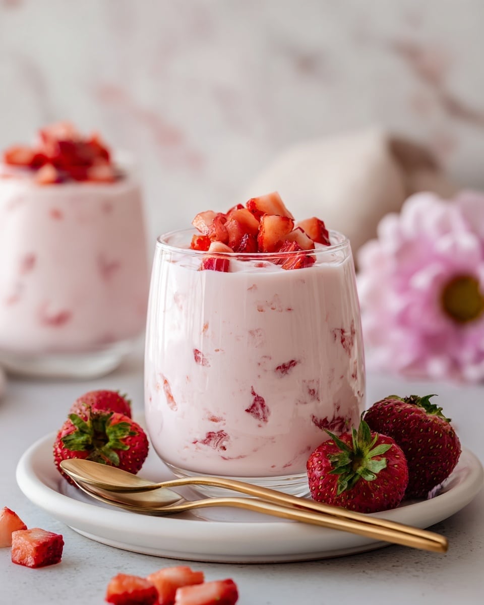A clear glass filled with a creamy pale pink strawberry mousse mixed with small strawberry pieces is placed on a white plate. On top of the mousse, there are several fresh red strawberry chunks. Around the glass, there are whole bright red strawberries and strawberry slices shaped like stars, adding vibrant red tones. Two small golden spoons rest on the edge of the white plate. The setting is on a white marbled surface with a soft blurred background, giving a cozy and fresh feel. Photo taken with an iphone --ar 4:5 --v 7