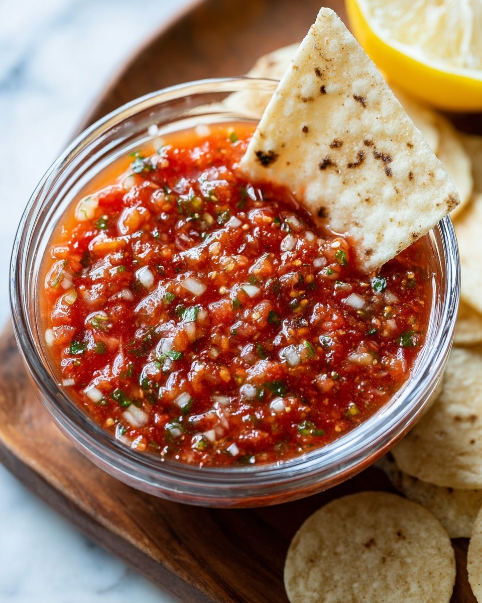 A close-up view of a glass filled with chunky red salsa showing layers of diced tomatoes with green herbs and bits of onion throughout, topped with a salty white tortilla chip dipped into the salsa. The glass sits on a wooden board with more white tortilla chips scattered around and a lime wedge in the background, all on a white marbled surface. Photo taken with an iphone --ar 4:5 --v 7