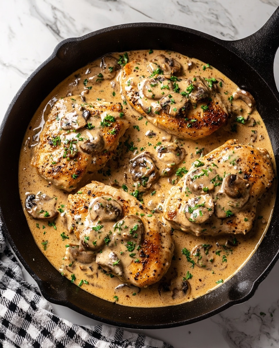 A close-up of four chicken breasts cooking in a black cast iron skillet, covered in a thick, creamy beige sauce with small bits of herbs and mushrooms visible throughout. The chicken is light golden with smooth sauce coating each piece and some green herbs sprinkled on top. The skillet is on a white marbled surface with a white and black checkered cloth beside it. Photo taken with an iphone --ar 4:5 --v 7