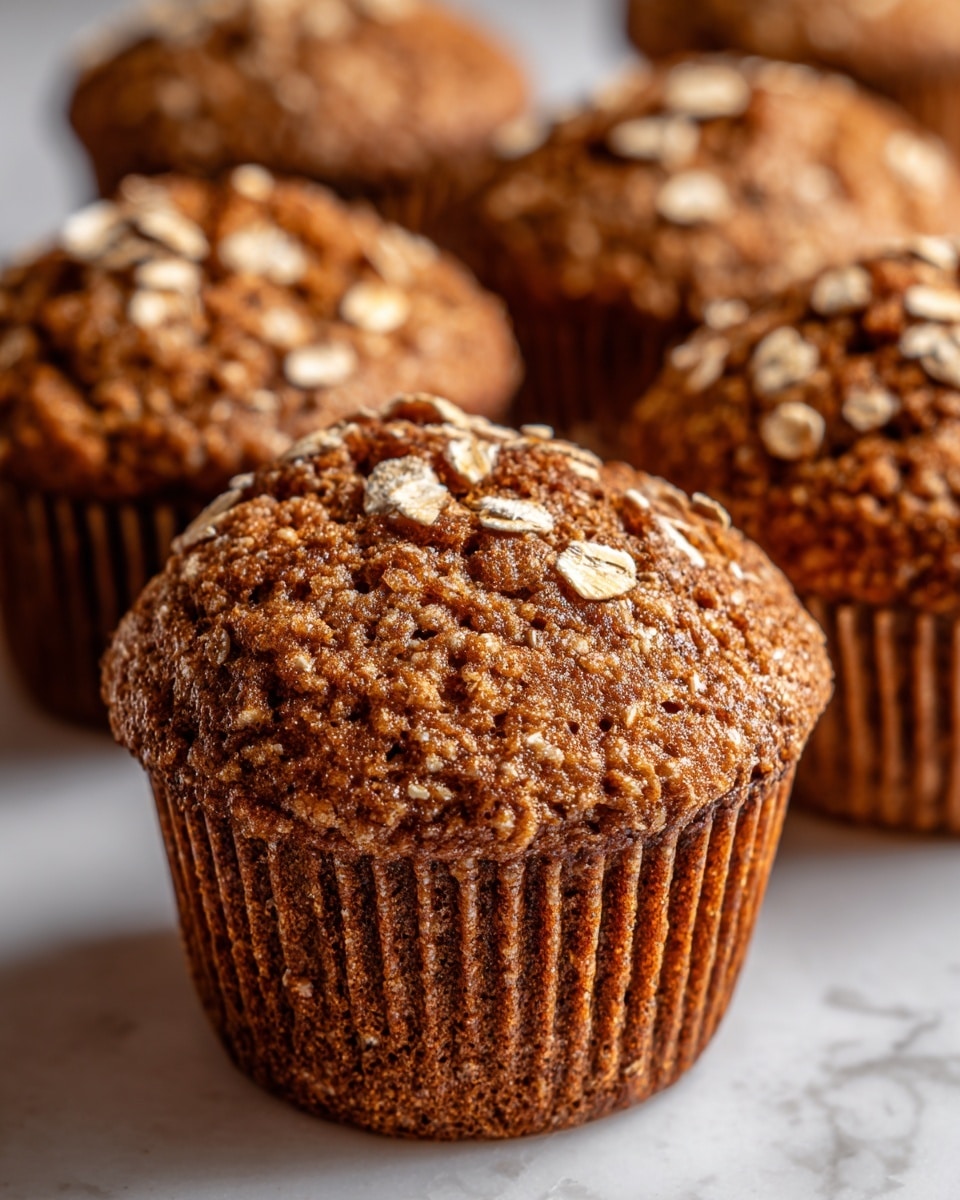 A close-up view of several oatmeal muffins arranged close together on a white marbled surface, showing a rough textured top layer in a golden brown color with scattered light beige oat flakes on top; the muffin's body is a slightly darker brown with a lined paper wrapper at the base. photo taken with an iphone --ar 4:5 --v 7