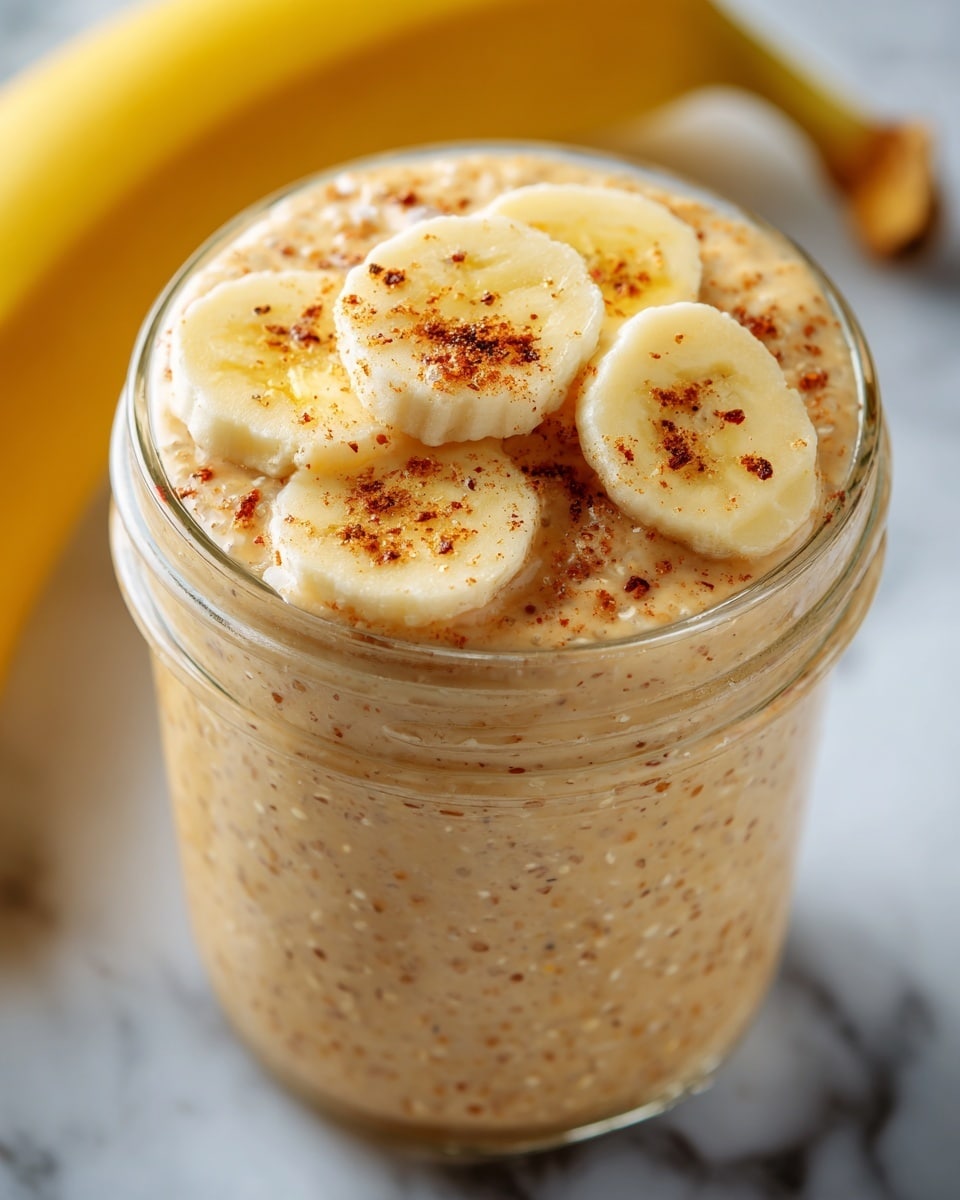 A clear glass jar is filled with a creamy, light brown mixture with visible specks throughout, likely from oats or spices. Slices of banana are embedded inside the mixture on the sides and also placed on top, showing a fresh pale yellow color with small brown spots. The jar sits on a white marbled surface, with a whole banana and some oats slightly blurred in the background. The scene is softly lit and focused closely on the jar's upper part, giving a cozy, homemade feel to the dish. photo taken with an iphone --ar 4:5 --v 7