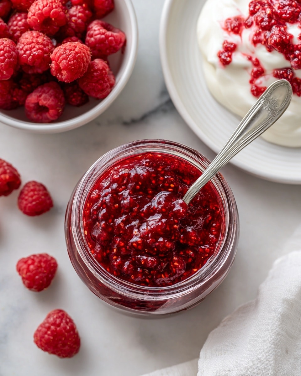 A clear glass jar filled with a bright red raspberry jam showing a thick and chunky texture with visible seeds. The jar is open with a silver spoon inserted into the jam from the top right angle. Around the jar, there are fresh whole raspberries scattered on a white marbled surface. On the top right corner, there is a white bowl containing a creamy white yogurt mixed with raspberry jam, showing swirls of red over white. The top left corner shows a white bowl filled with fresh raspberries. A white cloth is casually placed at the bottom right corner. Photo taken with an iphone --ar 4:5 --v 7