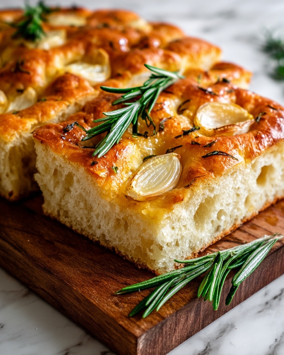 A close-up of thick focaccia bread slice with a golden brown crust and soft, airy white inside. The top layer is shiny with olive oil, scattered with green rosemary sprigs and whole roasted garlic cloves. The bread is placed on a wooden board, set on a white marbled surface. Photo taken with an iphone --ar 4:5 --v 7