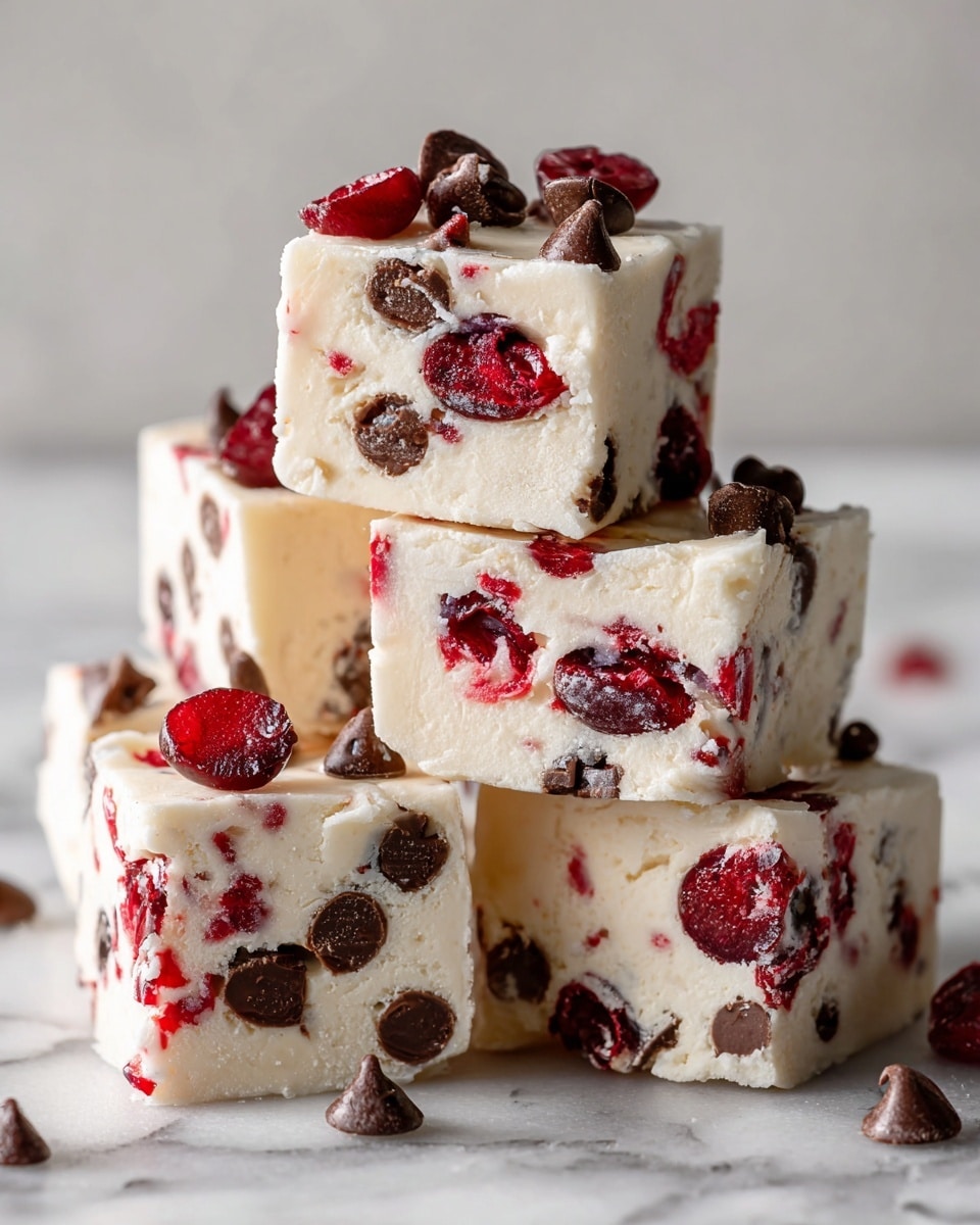 A close-up view of several thick, square pieces of white chocolate bark stacked on a white marbled surface. Each piece has a smooth, creamy white base with chunks of bright red cherries and small dark brown chocolate chips spread evenly across the top and inside, giving a textured look. The squares show clear layers of white chocolate mixed with shiny red cherry bits and glossy chocolate chips throughout. The background is softly blurred, focusing on the detailed mix of colors and textures of the bark. Photo taken with an iphone --ar 4:5 --v 7