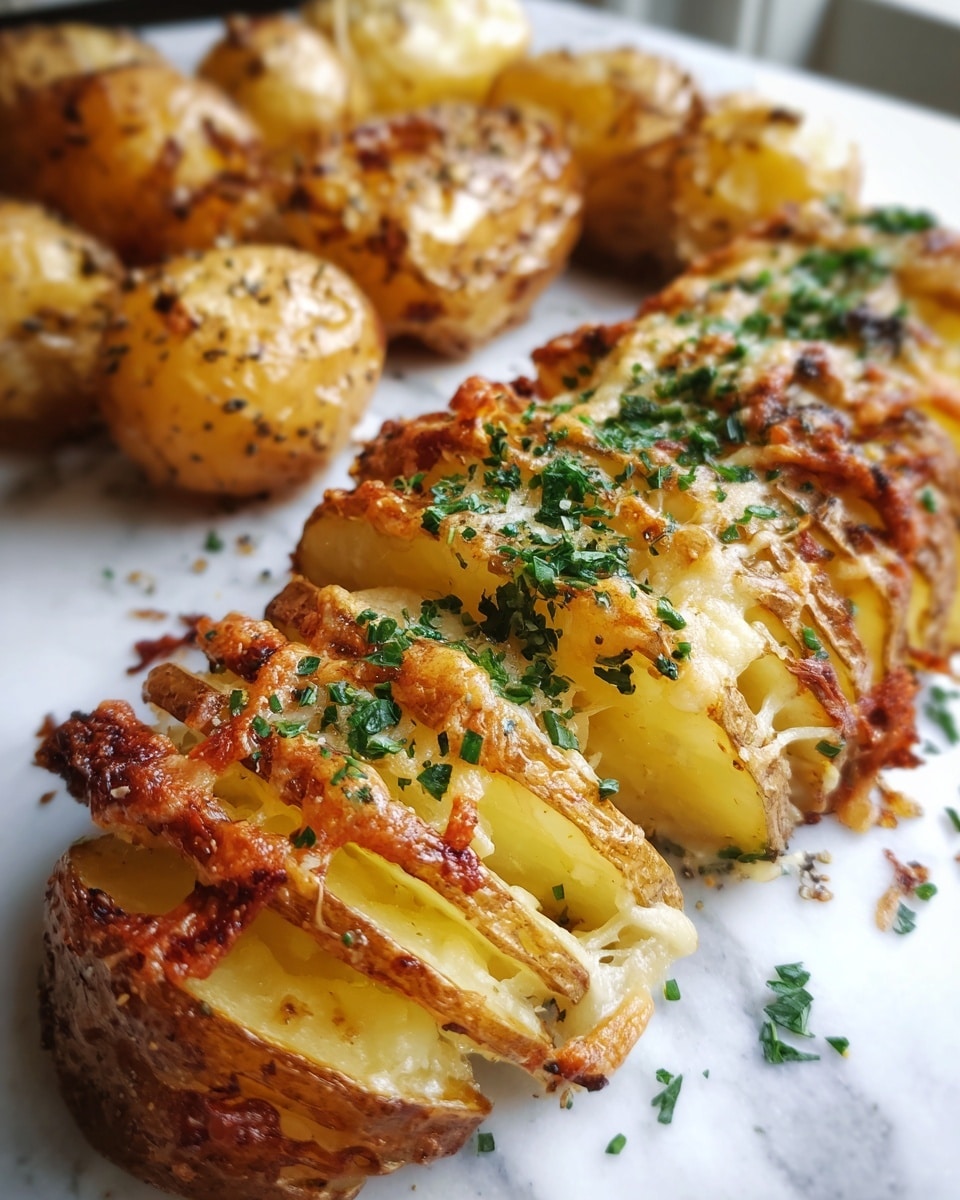 A close-up image of a baked cheese and herb covered potato with thin sliced layers that are golden brown, crispy on the edges, and melted yellow cheese oozing between the layers. The top is sprinkled with fresh green herbs. In the background, two more similar potatoes are visible on a white marbled surface. Photo taken with an iphone --ar 4:5 --v 7