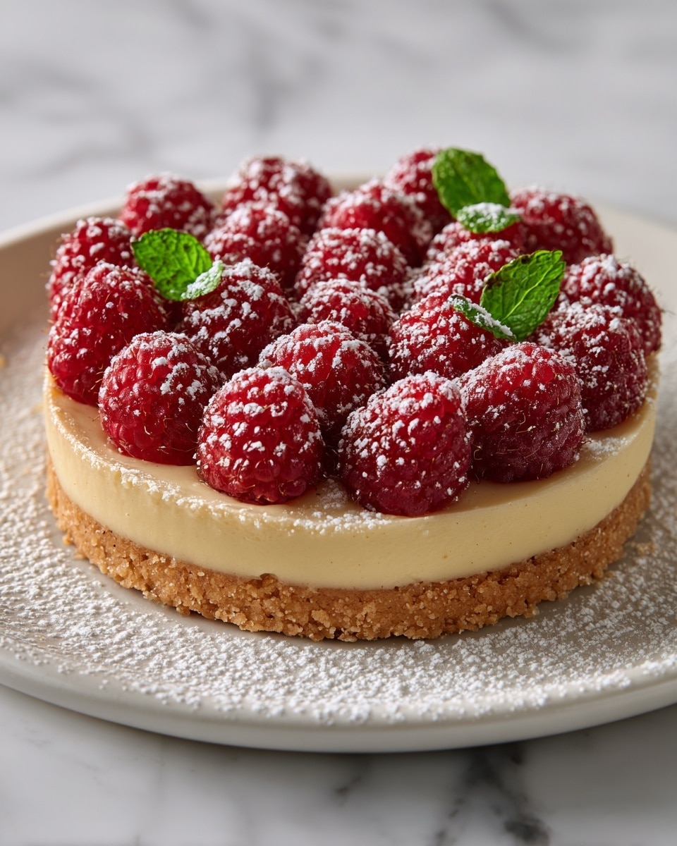 A round tart with one layer of golden, slightly crumbly crust at the base, topped with a thick layer of smooth, pale cream filling, covered by a dense pile of bright red raspberries arranged close together, some fresh green mint leaves peeking through the berries, all lightly dusted with white powdered sugar, served on a white plate set on a white marbled surface. In the background, there is a blurred second tart. Photo taken with an iphone --ar 4:5 --v 7