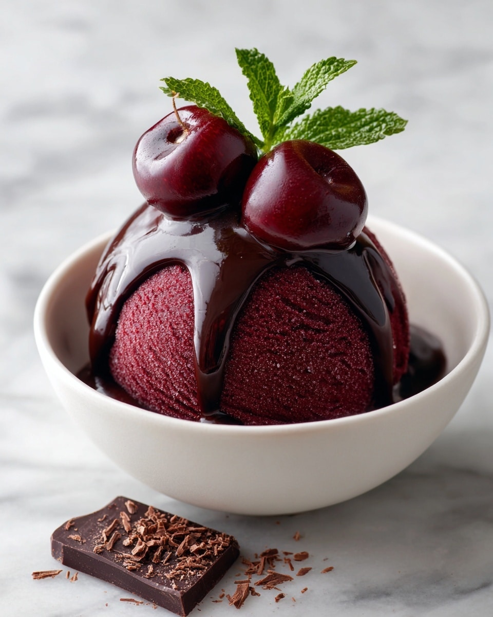 A single scoop of dark red berry ice cream sits in the center of a white bowl, with a smooth, slightly textured surface. A thick layer of glossy dark chocolate sauce is poured over the top, flowing down the sides and pooling around the base. Two shiny fresh cherries with stems and a small bright green mint leaf rest neatly on top of the ice cream. To the left side of the bowl, there is a small piece of dark chocolate with a few chocolate shavings scattered around the ice cream on a white marbled texture surface. Photo taken with an iphone --ar 4:5 --v 7