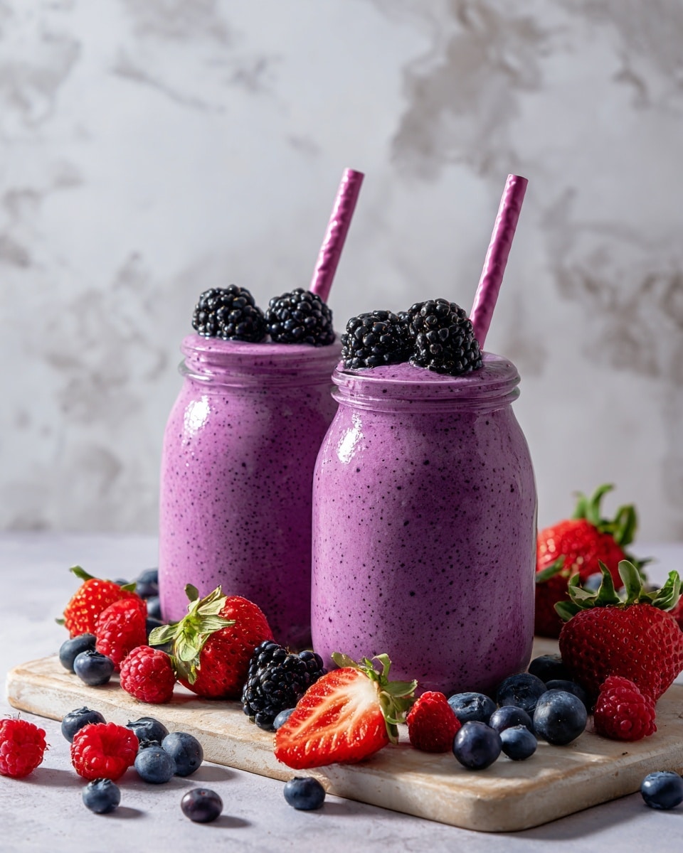 Two clear glass jars filled with thick purple berry smoothie, each topped with three blackberries. The smoothie has a smooth but slightly textured surface with dark berry specks inside. Each jar holds a pink straw standing upright in the middle. The jars are placed on a round wooden board scattered with fresh strawberries, blueberries, blackberries, and raspberries, with a small silver spoon lying beside one jar. The background is a white marbled texture. Photo taken with an iphone --ar 4:5 --v 7