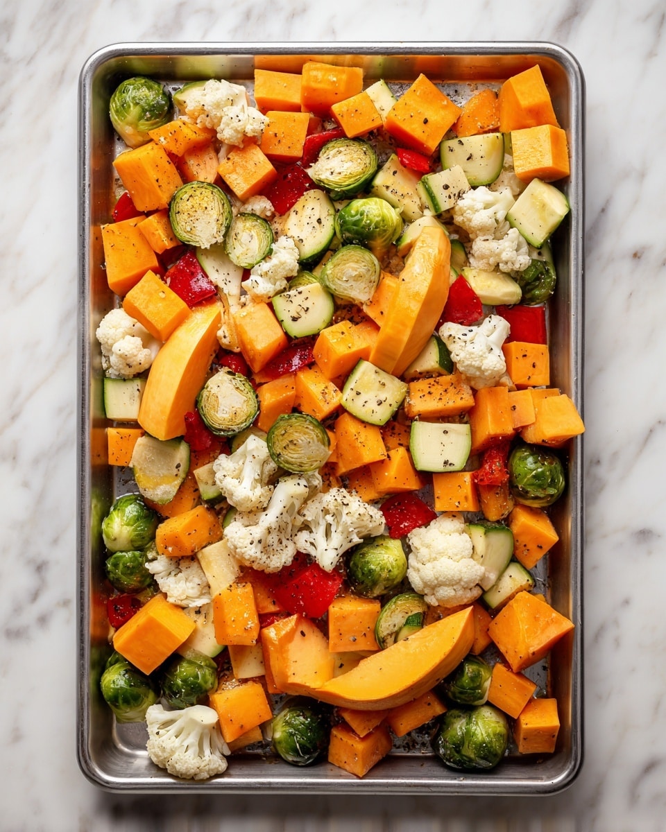 A baking tray filled with a colorful mix of roasted vegetables, starting with a base layer of sliced orange butternut squash with a smooth texture and curved shape, topped with bright green Brussels sprouts with leafy details scattered throughout, creamy white cauliflower florets with a bumpy texture, vibrant red bell pepper pieces cut into chunks, dark green zucchini slices with white inside, and orange sweet potato cubes with a firm texture. The veggies are sprinkled with black pepper and herbs, all resting in a dark baking tray on a white marbled textured surface. photo taken with an iphone --ar 4:5 --v 7