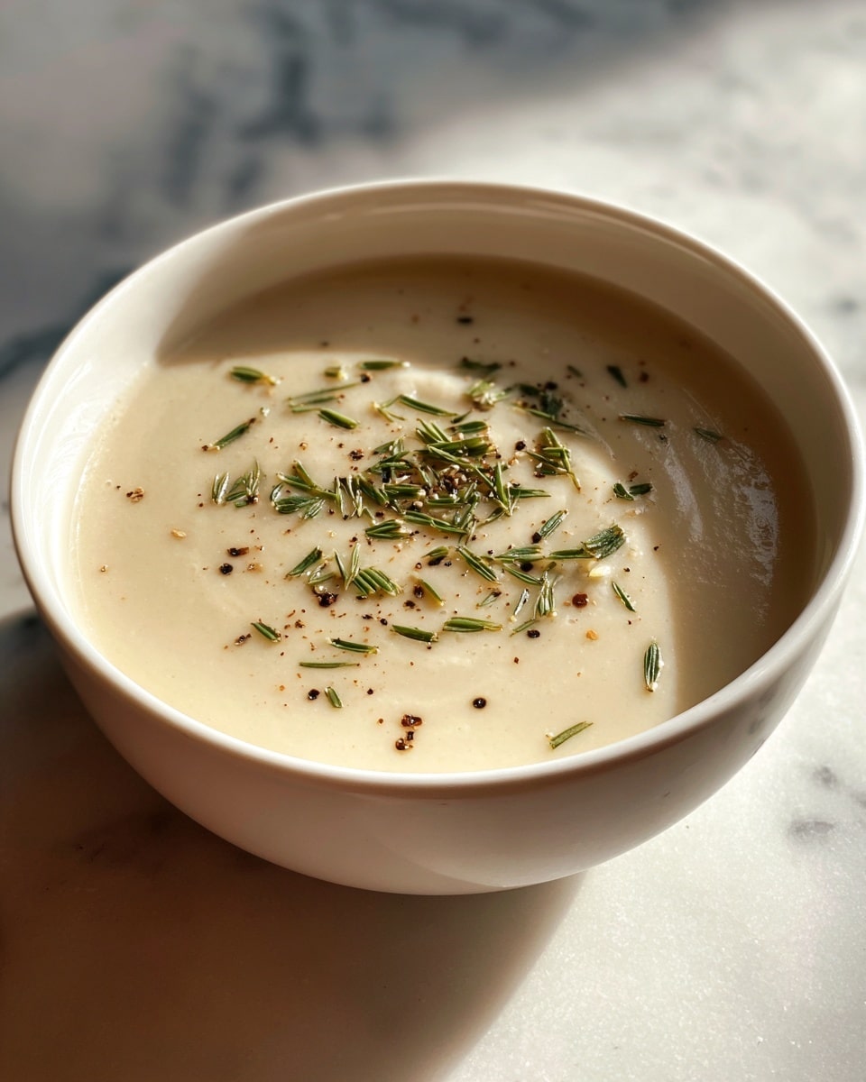 A white bowl filled with creamy, pale yellow soup with a smooth texture and gentle swirl marks on the surface. On top, there are small finely chopped green herbs sprinkled evenly, adding a touch of color. A white marbled surface is visible beneath the bowl, and in the background, blurred garlic and a knife can be seen. The photo is clear and bright, highlighting the fresh ingredients and inviting texture. Photo taken with an iphone --ar 4:5 --v 7