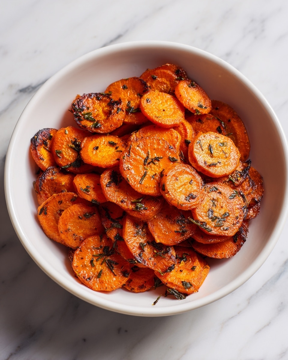 A white bowl is filled with a single layer of thinly sliced roasted carrots, each slice a deep orange color with blackened edges and specks of black seasoning scattered across the surface. The carrots have a slightly wrinkled texture, with some pieces showing crispy, darker spots from roasting. The bowl sits on a white marbled surface that reflects some light, adding a soft shine to the scene. photo taken with an iphone --ar 4:5 --v 7