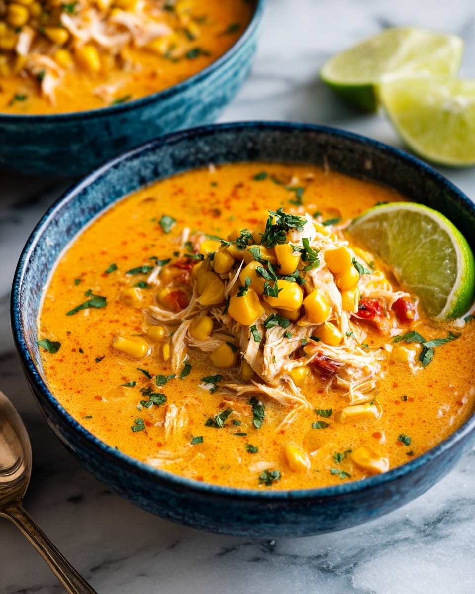 A gray bowl filled with creamy orange soup as the base layer, topped with a mound of yellow corn kernels, light brown shredded chicken, small brown beans, bits of white rice, and tiny green herb pieces mixed with small red tomato pieces. A small wedge of lime rests on the edge of the bowl, and the bowl sits on a brown cloth on a white marbled surface. Two silver spoons are placed to the right side of the bowl, and blurred bowls and lime wedges are visible in the background. Photo taken with an iphone --ar 4:5 --v 7