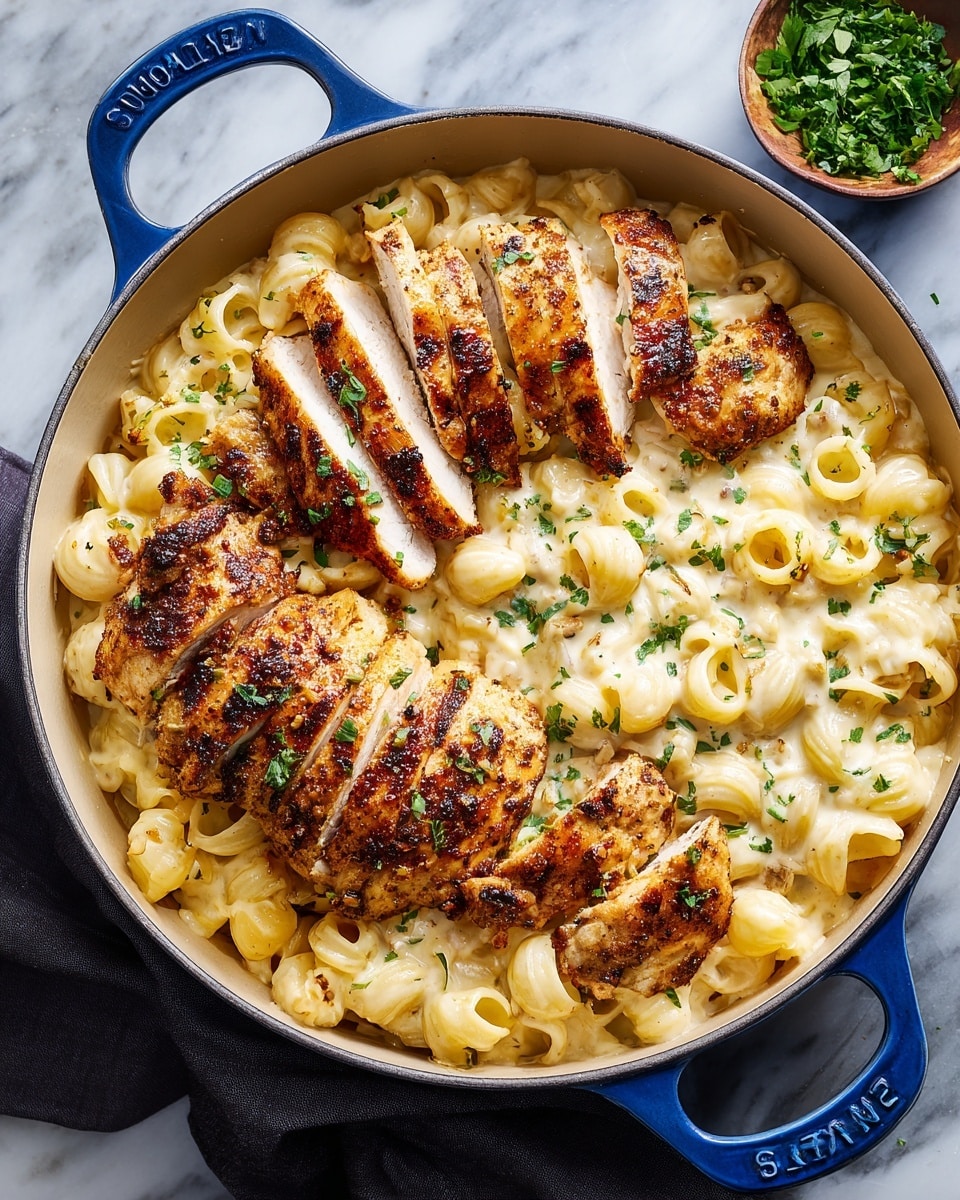 The dish shows a large blue cast iron pan filled with creamy off-white macaroni pasta as the bottom layer. On top, there are four pieces of grilled chicken breast, three whole and one sliced, with a golden brown crust and specks of black pepper and green herbs. The chicken pieces sit neatly arranged in the middle of the pan, creating a balanced composition. Around the pan are small white bowls with green chopped herbs, all set on a white marbled surface. photo taken with an iphone --ar 4:5 --v 7