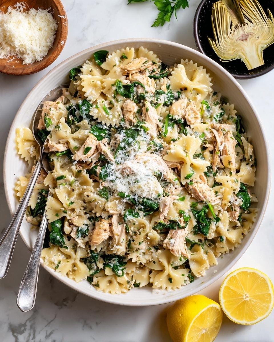 A large white oval plate holds a layered pasta dish with three visible parts: a base layer of light yellow bowtie pasta, a middle layer of chopped cooked chicken mixed with bright green chopped spinach, and a top sprinkle of fine grated white cheese adding texture and light contrast. The pasta and chicken mix has a moist, slightly shiny look. Two silver serving spoons rest on the plate, inviting serving. Around the plate on a white marbled surface are small bowls with more grated cheese and artichoke pieces, and cut lemon halves add a fresh yellow touch. photo taken with an iphone --ar 4:5 --v 7