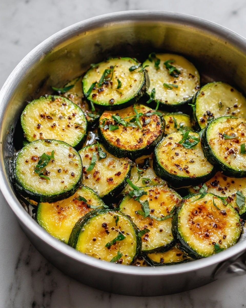 The image shows a round silver pan filled with several grilled zucchini slices. Each slice is circular with a green outer skin and a light yellow inside that has brown grill marks and small black pepper flakes on top. Some small green herb leaves are scattered over the slices, adding a fresh touch. The pan is placed on a white marbled surface that softly reflects light, creating a clean and simple setting. photo taken with an iphone --ar 4:5 --v 7