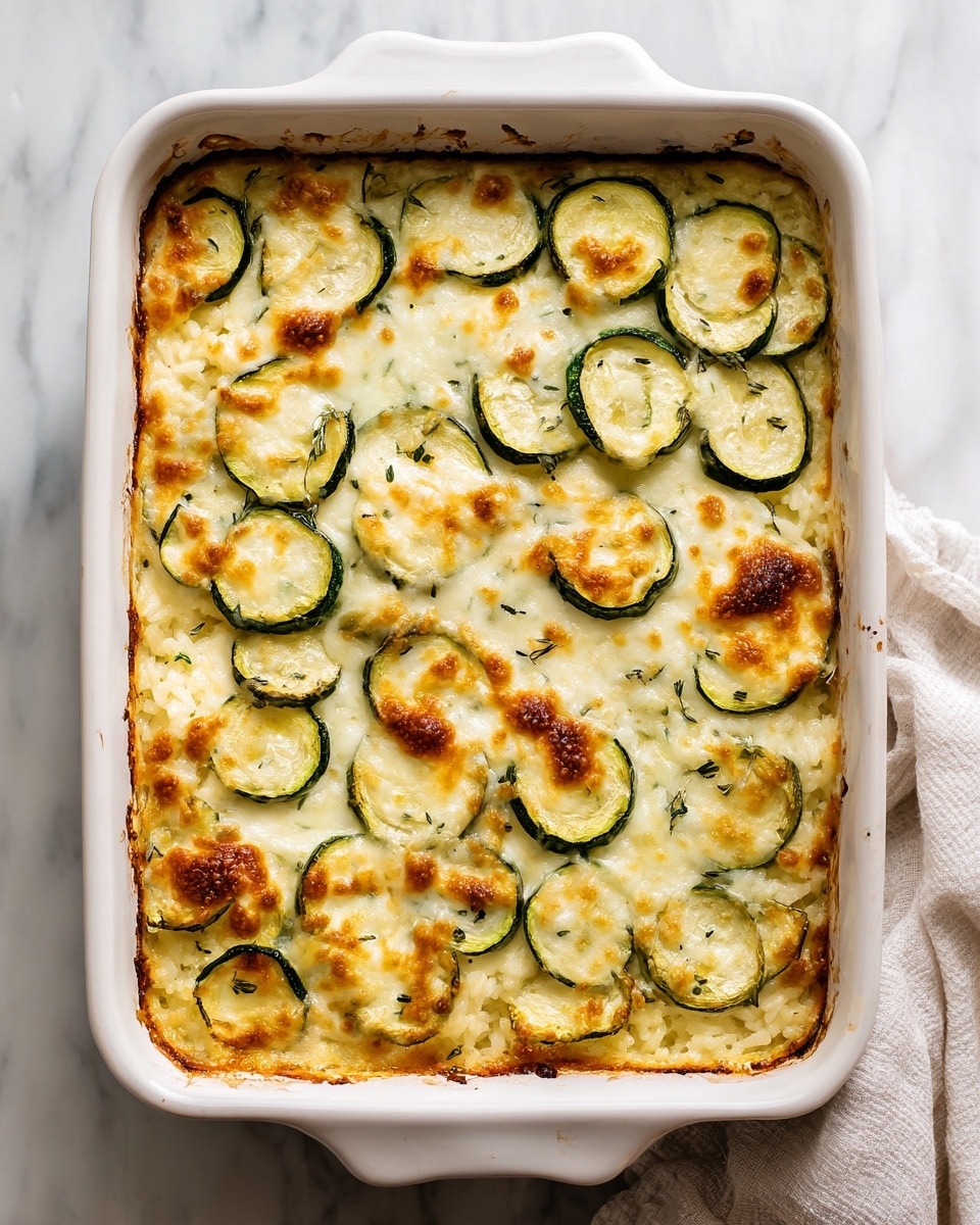 A white rectangular baking dish holds a baked rice casserole with two clear layers: the bottom layer is soft cooked rice mixed with herbs, and the top layer is evenly covered with slices of green zucchini and melted golden-brown cheese with small patches of crispness. The edges of the dish show slight browning where the casserole has baked against the dish. The dish sits on a white marbled surface with a soft cloth partially visible on the right side. Photo taken with an iphone --ar 4:5 --v 7