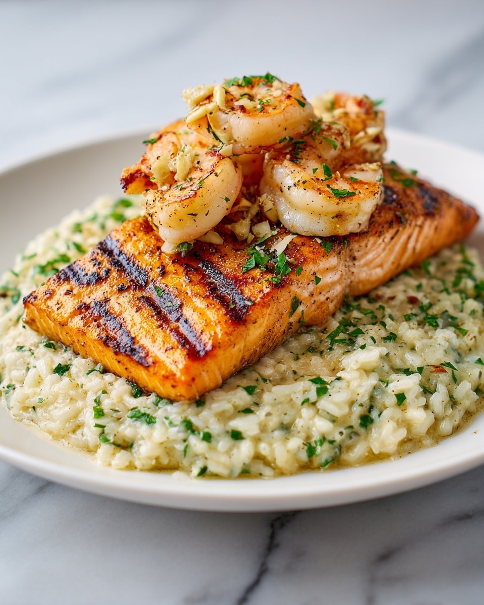 A white plate holds a base layer of creamy, lightly textured risotto mixed with small green herbs. On top of this is a thick, grilled salmon fillet with bright orange color and dark grill marks, giving it a slightly crispy look. The final layer features several cooked shrimp with a soft pink and white color, scattered across the salmon and plate, garnished with small pieces of garlic and herbs. The overall dish looks rich and fresh, on a white marbled surface. photo taken with an iphone --ar 4:5 --v 7