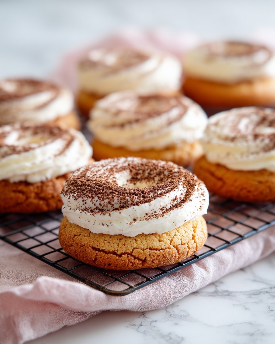 A group of round cookies is shown on a white tray with a cooling rack on top, all placed on a white marbled surface. Each cookie has two layers: the bottom layer is a golden-brown, cracked cookie base with a rough texture, while the top layer is a thick swirl of white cream with a light, smooth texture, dusted with a fine layer of brown cocoa powder. The cream is shaped in a round ring with a hole in the middle, matching the cookie's shape. The cookies are arranged closely, showing a depth of field effect that focuses sharply on the front cookie while the others blur softly in the background. photo taken with an iphone --ar 4:5 --v 7