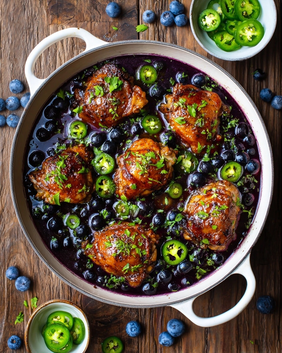 A white cooking pan with two handles holds six browned chicken thighs arranged evenly on top of a thick deep purple sauce. The sauce contains many whole blueberries and several slices of green jalapeno peppers with visible seeds. The pan sits on a wooden surface scattered with loose blueberries, with a small black bowl of jalapeno slices nearby. photo taken with an iphone --ar 4:5 --v 7