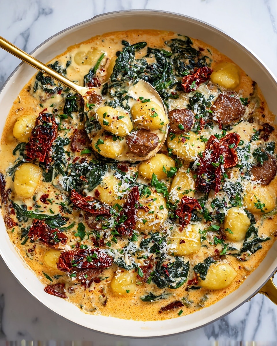 A close-up of a white deep pan filled with creamy gnocchi dish showing three main layers: the bottom layer is a light orange creamy sauce with a smooth texture, the middle layer consists of plump golden gnocchi and browned sausage slices scattered throughout, and the top layer is garnished with bright green spinach leaves, small pieces of dark red sun-dried tomatoes, sprinkled grated cheese, and finely chopped green herbs evenly spread. A golden spoon is scooping some gnocchi from the pan, revealing the creamy sauce coating the gnocchi. The background shows a white marbled surface. Photo taken with an iphone --ar 4:5 --v 7