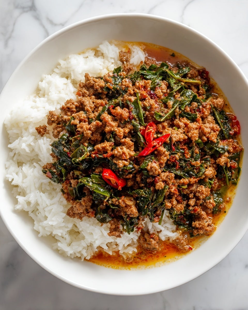 A white bowl filled with a base layer of white rice, topped with a thick layer of ground meat cooked in a creamy reddish-brown sauce. The meat is mixed with small pieces of dark green leaves and bright red chili slices scattered evenly across the dish. The texture shows a moist and creamy appearance with the sauce slightly pooling around the edges of the rice. The bowl is placed on a white marbled surface. Photo taken with an iphone --ar 4:5 --v 7