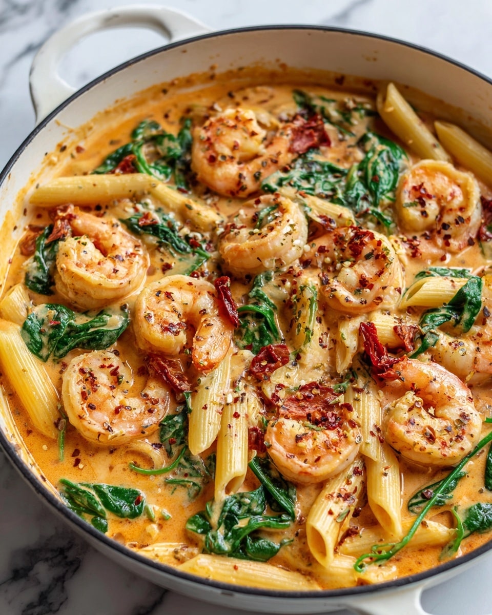 The image shows a close-up of a creamy shrimp pasta dish in a white pot. The dish has three main layers: the base is a rich orange cream sauce that covers the bottom and sides. On top of the sauce are pale yellow penne pasta pieces, cooked and scattered evenly around the pot. The top layer features large, pinkish-orange shrimp, some mixed with green spinach leaves and small pieces of sun-dried tomatoes. Light specks of red chili flakes and black pepper are spread throughout, giving texture and color contrast. The background is a white marbled surface. Photo taken with an iphone --ar 4:5 --v 7