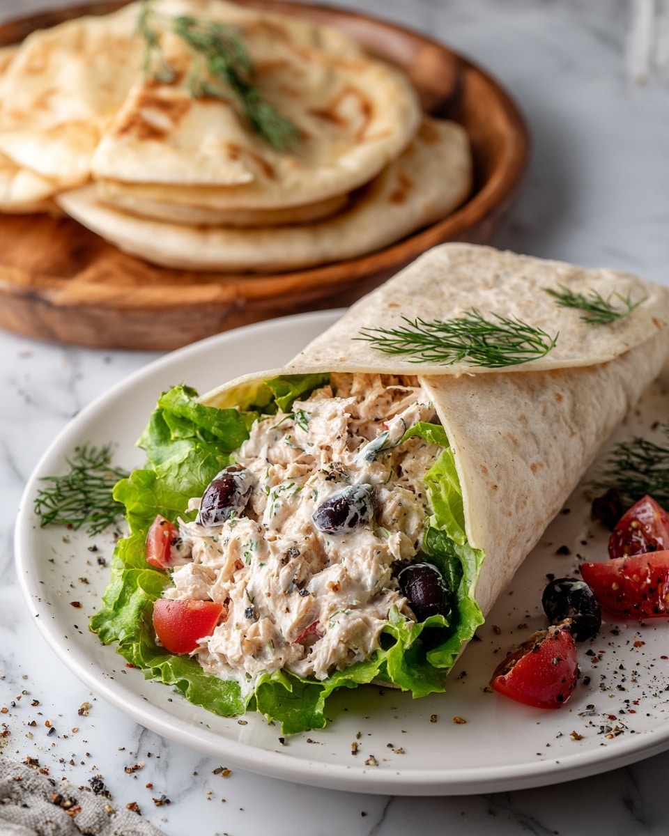 A wrap with a soft light beige tortilla folded around a filling of green leafy lettuce, creamy shredded chicken mixed with small pieces of black olives and diced tomatoes, topped with black pepper and sprigs of fresh dill, sits on a white plate sprinkled with cracked black pepper and small herb pieces, beside a wooden platter holding folded pita bread, all placed on a white marbled surface. photo taken with an iphone --ar 4:5 --v 7