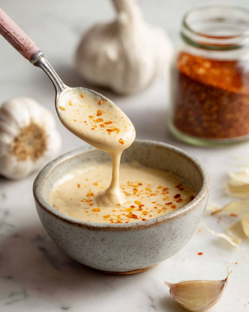 A bowl filled with a thick, creamy sauce that is light beige with fine reddish specks, held gently on a pink-handled silver spoon that's dripping sauce back into the bowl. The bowl is a speckled grey stoneware resting on a white marbled surface. Around the bowl are garlic cloves with purplish-white skins and a glass jar with a metal clasp filled with bright reddish-brown powder. A piece of soft pink cloth is placed near the bottom right corner. Photo taken with an iphone --ar 4:5 --v 7